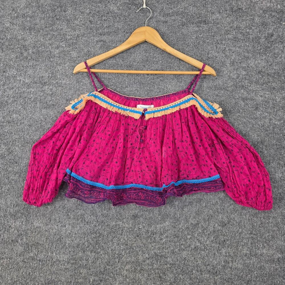 Poupette St Barth Blouse 1 Pink Floral Off Shoulder Cropped Boho Relaxed Hippie